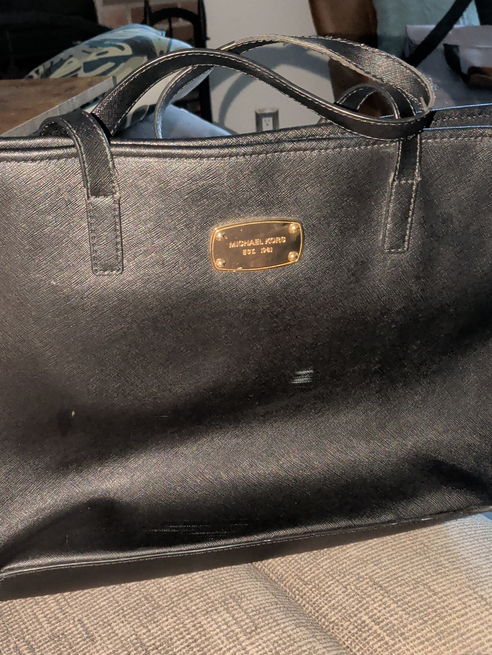 Michael Kors Black Leather Briefcase Tote with Gold Plaque